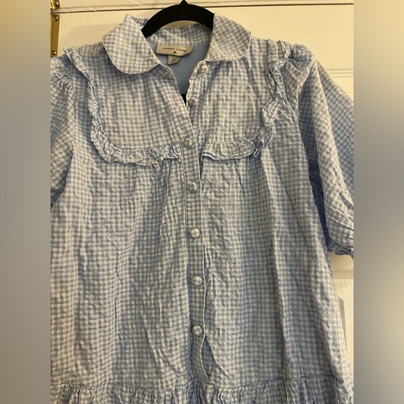 Sandy Liang Blue and white seersucker Gingham Button-Down 3/4 sleeve Dress XS - Picture 2 of 11